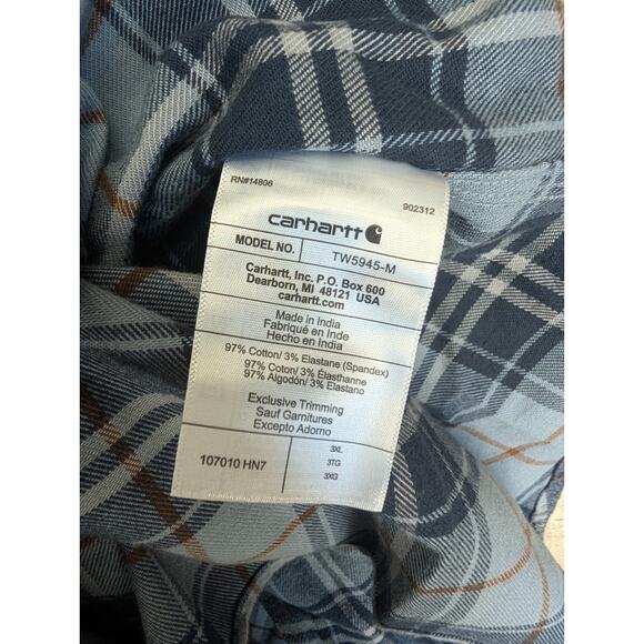 Carhartt Flannel Shirt Mens 3XL Blue Plaid Relaxed Fit Long Sleeve Button-Up NWT - Picture 5 of 5